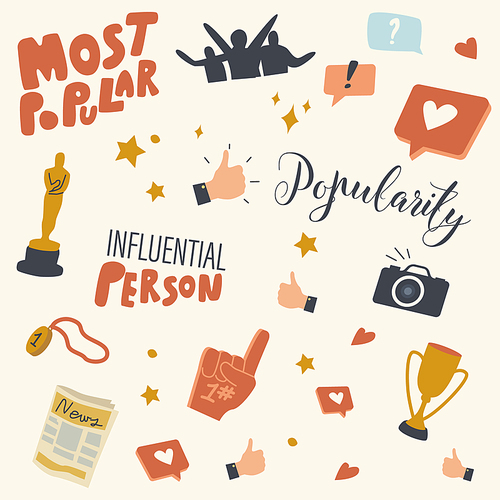 Popularity and Fame Icons Set. Cinema Award Ceremony Statue, Newspaper and Crowd of Fans, Golden Goblet, Like and Medal, Super Star Influential Person Lifestyle Symbols. Linear Vector Illustration