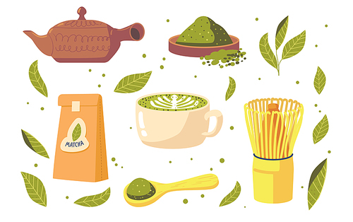 Set of Tea Matcha Products, Isolated Cup with Beverage, Tea Powder, Packaging, Bamboo Spoon, Whisk, Ceramic Bowl or Teapot, Japanese Traditional Drink, Healthy Production. Cartoon Vector Illustration