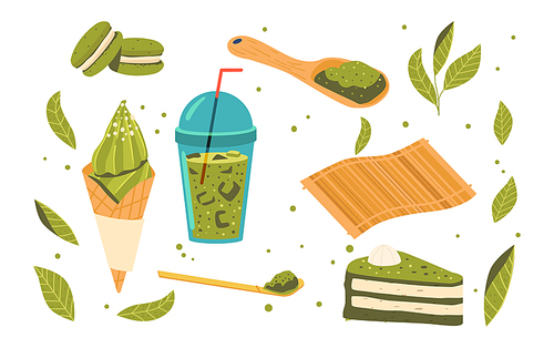 Set of Tea Matcha Healthy Production, Isolated Ice Cream, Macaroon, Cake and Cold Drink with Straw, Powder in Bamboo Spoon and Green Leaves. Herbal Beverage and Sweets. Cartoon Vector Illustration