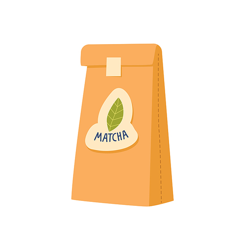 Matcha Tea Powder Package, Paper Bag Made of Kraft Paper Isolated on White Background. Organic Product in Ecological Packaging, Asian Beverage, Natural Japanese Drink. Cartoon Vector Illustration