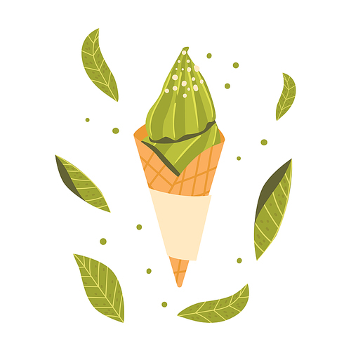 Matcha Tea Ice Cream in Waffle Cone Icon. Sweet Creamy Dessert of Green Color with Herbal Flavor with Sprinkles. Fresh Icecream Swirl Isolated on White Background. Cartoon Vector Illustration