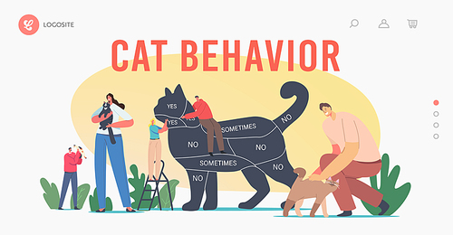 Cat Behavior Landing Page Template. Tiny Characters on Ladder Caring of Huge Cat with Infographics on Body. Communication with Pets, People Care of Animals, Hug Kittens. Cartoon Vector Illustration