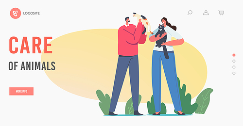 People Care of Pets Landing Page Template. Characters Holding Cute Cats, Woman and Man Owners Caring of Kitten. Leisure, Communication, Love, Care of Animals, Carefree. Cartoon Vector Illustration