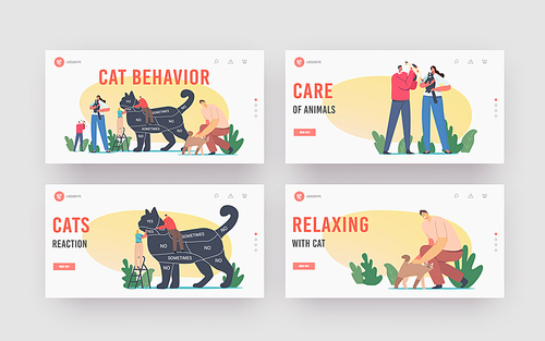 Cat Behavior Landing Page Template Set. Tiny Characters on Ladder Caring of Huge Cat with Infographics on Body. Communication with Pets, People Care of Animals, Hug Kitten. Cartoon Vector Illustration