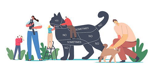 Tiny Male and Female Characters on Ladder Caring of Huge Cat with Infographics on Body. Communication with Pets, People Care of Animals, Spending Time with Kittens. Cartoon Vector Illustration