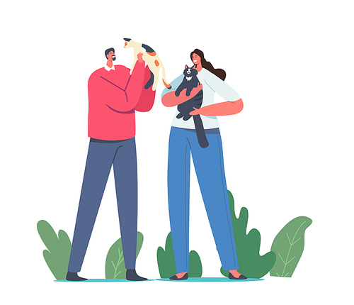 People Caress of Pets. Male and Female Characters Holding Cute Cats, Woman and Man Owners Caring of Kitten. Leisure, Communication, Love, Care of Animals, Carefree Concept. Cartoon Vector Illustration