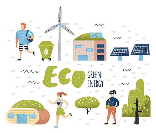 Green Town Concept. Environmental Conservation. Eco City Future Technologies For Preservation of the Planet. Alternative Energy Ecology Background. Vector illustration