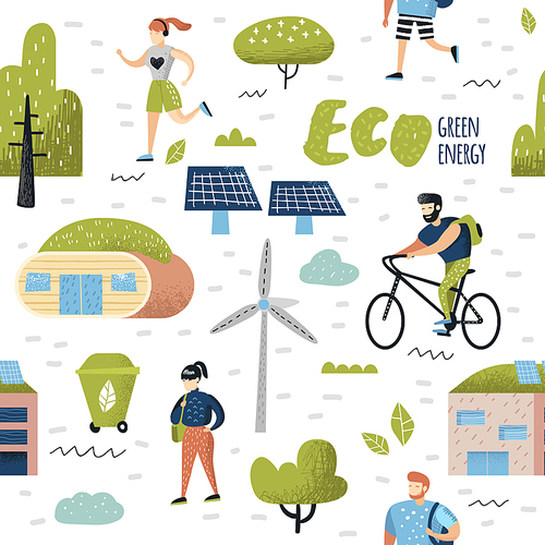 Seamless Pattern with Green Town. Environmental Conservation. Eco City Future Technologies For Preservation of the Planet. Alternative Energy Ecology Background. Vector illustration