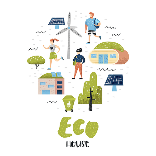 Green Town Concept. Environmental Conservation. Eco House Future Technologies For Preservation of the Planet. Alternative Energy Ecology Background. Vector illustration