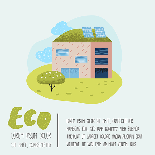 Eco House with Solar Batteries Poster. Environmental Conservation. Future Technologies For Preservation of the Planet. Alternative Energy Ecology Background. Vector illustration