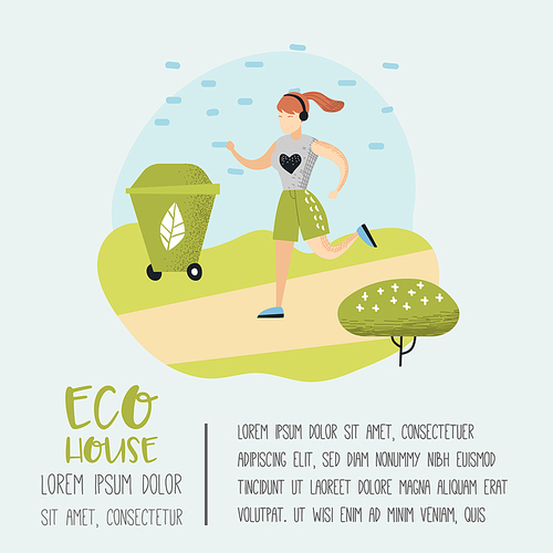 Green Town Poster with Running Woman. Environmental Conservation. Eco Technologies For Preservation of the Planet. Alternative Energy Ecology Background. Vector illustration
