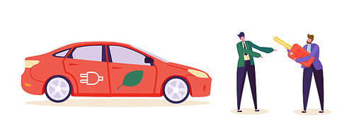 Electro Green Car Customer Buy Auto. Man Character Sell Eco Friendly Renewable Power Transport Vehicle. Recharge Battery Technology Automobile Business Flat Cartoon Vector Illustration