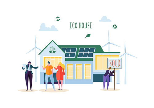 Eco House Concept with Happy People Buying new Home. Real Estate Agent with Clients. Ecology Green Energy, Solar and Wind Power. Vector illustration