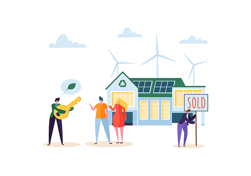 Eco House Concept with Happy People Buying new Home. Real Estate Agent with Clients and Key. Ecology Green Energy, Solar and Wind Power. Vector illustration