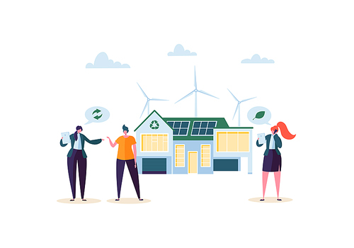 Eco House Concept with Real Estate Agent Presenting Modern House to the Clients. Ecology Green Energy, Solar and Wind Power. Vector illustration