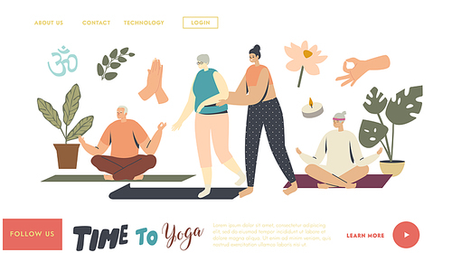 Yoga Classes for Senior Characters Landing Page Template. Female Trainer Help to Elderly Woman. Wellness in Old Ages, Health and Body Care. Fitness Activity. Linear People Vector Illustration