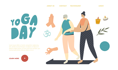 Yoga Classes for Senior Characters Landing Page Template. Trainer Help to Elderly Woman, Yoga Lesson. Wellness in Old Ages, Health and Body Care. Fitness Activity. Linear People Vector Illustration