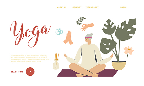 Senior Woman Meditating in Lotus Pose Landing Page Template. Yoga Class, Relax, Emotional Balance, Aged Character Harmony with Nature, Mind and Soul, Positive Life or Mood. Linear Vector Illustration