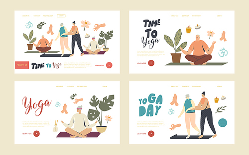 Yoga Classes for Senior Characters Landing Page Template Set. Female Trainer Help to Elderly Woman. Wellness in Old Ages, Health and Body Care. Fitness Activity. Linear People Vector Illustration