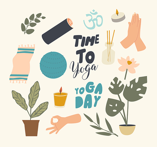Set of Icons Yoga Theme. Fitball, Mat and Potted Monstera Plant, Burning Candle and Aroma Diffuser with Sticks. Gesturing Hands, Towel Equipment for Wellness Classes. Linear Vector Illustration