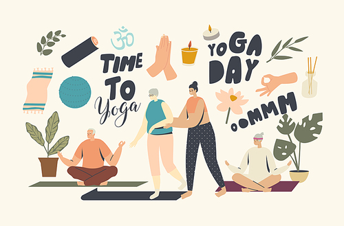 Yoga Classes for Senior Characters Concept. Female Trainer Help to Elderly Woman to Start Yoga Lesson. Wellness in Old Ages, Health and Body Care. Fitness Activity. Linear People Vector Illustration
