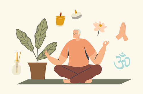 Senior Man Meditating Doing Yoga Asana in Lotus Pose. Healthy Lifestyle, Relaxation Emotional Balance, Elderly Male Character Leisure, Life Harmony, Spare Time in Wellness. Linear Vector Illustration