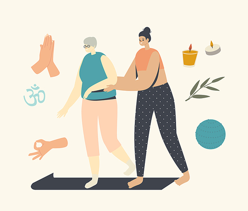 Female Trainer Help to Elderly Woman to Start Yoga Lesson. Yoga Classes for Senior Characters Concept. Wellness in Old Ages, Health and Body Care. Fitness Activity. Linear People Vector Illustration