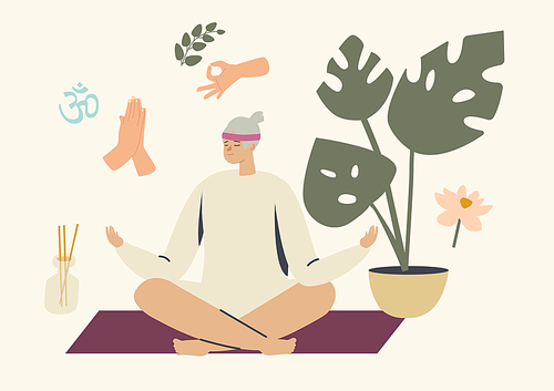 Senior Woman Meditating in Lotus Pose, Yoga Class, Healthy Lifestyle, Relaxation Emotional Balance, Aged Character Harmony with Nature, Mind and Soul, Positive Life or Mood. Linear Vector Illustration