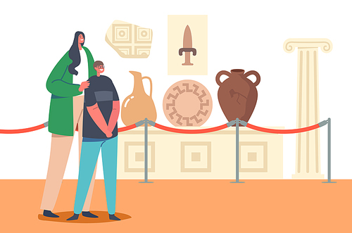 Family Characters Mother and Son Visiting Museum of Ancient History Watching Old Vases, Crockery, Weapon and Architecture. Parent and Kid Tourists Education or Activity. Cartoon Vector Illustration