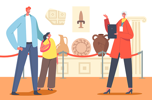 Tourists Father with Daughter Visiting Ancient History Museum, Watching Old Crockery, Armor, Weapon and Vases with Guide Assistance. Family Education, Tourism, Hobby. Cartoon Vector Illustration
