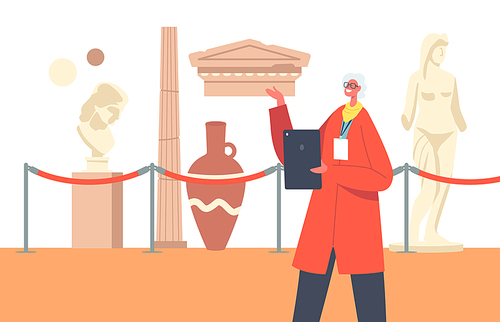Educated Senior Guide in Historical Museum Conduct Educational Lecture about Ancient Architecture, Crockery and Past Ages. Female Character with Tablet in Hands. Cartoon Vector Illustration