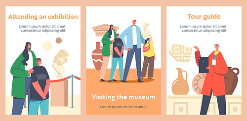 Family Visiting Museum of Ancient History Cartoon Posters. People Watching Old Vases, Crockery with Guide Tell Lecture. Parents and Kids Education, Tourism, Hobby Activity. Vector Illustration