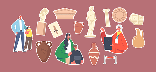 Set of Stickers Family Characters Visiting Museum. Marble Sculptures, Amphora, Ancient Dishes, Crockery, Plates and Architecture Elements. Woman Guide with Tablet. Cartoon People Vector Illustration