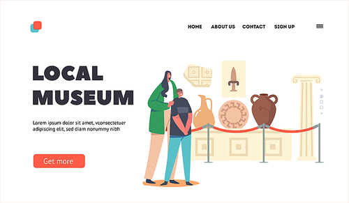 Local Museum Landing Page Template. Family Characters Mother and Son Tourists Visiting Ancient History Exhibition Watching Old Vases, Crockery, Weapon and Architecture. Cartoon Vector Illustration