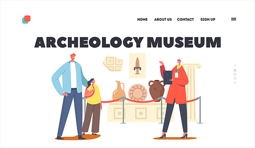 Father with Daughter Visiting Archeology Museum Landing Page Template. Tourists Watching Old Crockery, Armor with Guide Assistance. Family Education, Tourism, Hobby. Cartoon Vector Illustration