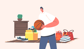 Man Buy Basketball Ball on Garage Sale. Male Character Visiting Flea Market Choose Vintage Things for Buying. Second Hand Retro Stuff, Cheap Items, Collector Hobby. Cartoon People Vector Illustration