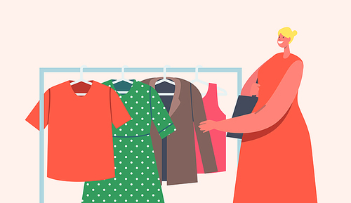 Female Character Choose Clothes to Buy during Outdoor Garage Sale Event. Woman Watching Different Old Clothing on Hanger at Weekend Fair, Flea Market or Second Hand. Cartoon Vector Illustration