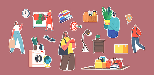 Set of Stickers Characters Visiting Flea Market, Antique Things Shopping. Garage Sale, Retro Bazaar with Old Stuff, Buyers Purchase Clothes, Books and Furniture. Cartoon People Vector Illustration