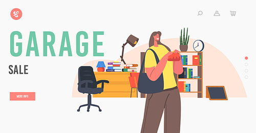 Garage Sale Landing Page Template. Female Character Visiting Antique Store or Flea Market with Various Vintage Things, Woman with Purse Buy Retro Books or Antiquities. Cartoon Vector Illustration