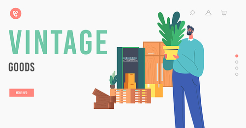 Vintage Goods Landing Page Template. Mature Man Look Home Plant on Flea Market. Male Character Shopping on Garage Sale Buy Old Things. Client in Second Hand Shop. Cartoon People Vector Illustration