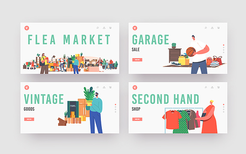 Flea Market Landing Page Template Set. Characters Shopping Antique Things. Garage Sale, Outdoor Retro Bazaar with Seller Presenting Old Stuff for Buyers to Purchase. Cartoon People Vector Illustration