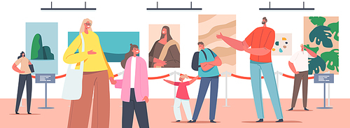 Family in Art Gallery. Exhibition Visitors Parents with Kids Viewing Famous Paintings Hanging on Walls at Contemporary Exhibit. People Enjoy Watching Creative Artworks. Cartoon Vector Illustration