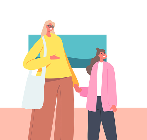 Mother and Daughter in Art Gallery, Woman with Girl Enjoy Watching Creative Artwork in Museum or Exhibition, Visitor Characters Visit Contemporary Exhibits, Family Leisure. Cartoon Vector Illustration