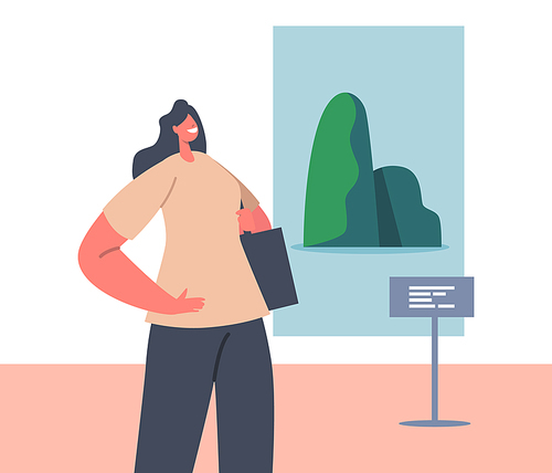 Female Character in Museum with Modern Artworks. Woman in Art Gallery Interior Watching and Enjoying Contemporary Exhibition. Exposition with Abstract Paintings. Cartoon People Vector Illustration