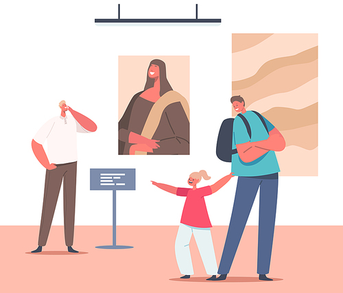 People Enjoying Creative Artworks in Art Gallery. Father with Children Visit Exhibits, Family with Kids Visitors View Modern Paintings Hanging on Wall on Exhibition. Cartoon Vector Illustration