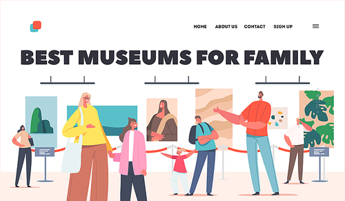 Best Museums for Families Landing Page Template. Exhibition Visitors Parents with Kids Viewing Famous Paintings Hanging on Walls at Contemporary Art Gallery Exhibit. Cartoon People Vector Illustration