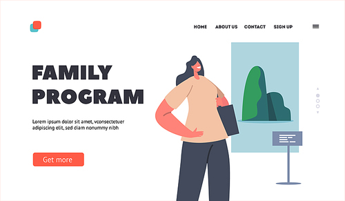 Family Program Landing Page Template. Female Character in Museum with Modern Artworks. Woman in Art Gallery Interior Watching and Enjoying Contemporary Exhibition Art. Cartoon Vector Illustration