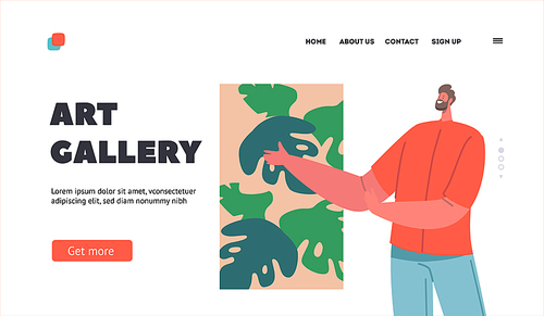 Man in Art Gallery Landing Page Template. Male Character Visit Museum with Modern Artworks. Visitor Enjoying Contemporary Exhibition Exposition with Abstract Paintings. Cartoon Vector Illustration