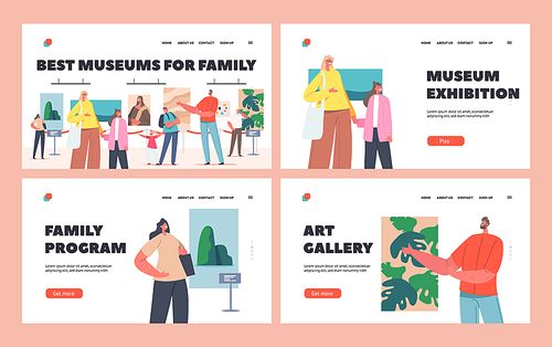 Families Visit Museum Landing Page Template Set. Exhibition Visitors Parents with Kids Viewing Famous Paintings Hang on Walls at Contemporary Art Gallery Exhibit. Cartoon People Vector Illustration