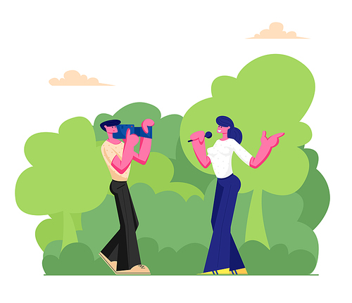 Cameraman with Camera Recording Female Journalist or Tv Reporter Holding Microphone Presenting Breaking News Outdoors. Mass Media Industry Profession, Job Occupation Cartoon Flat Vector Illustration